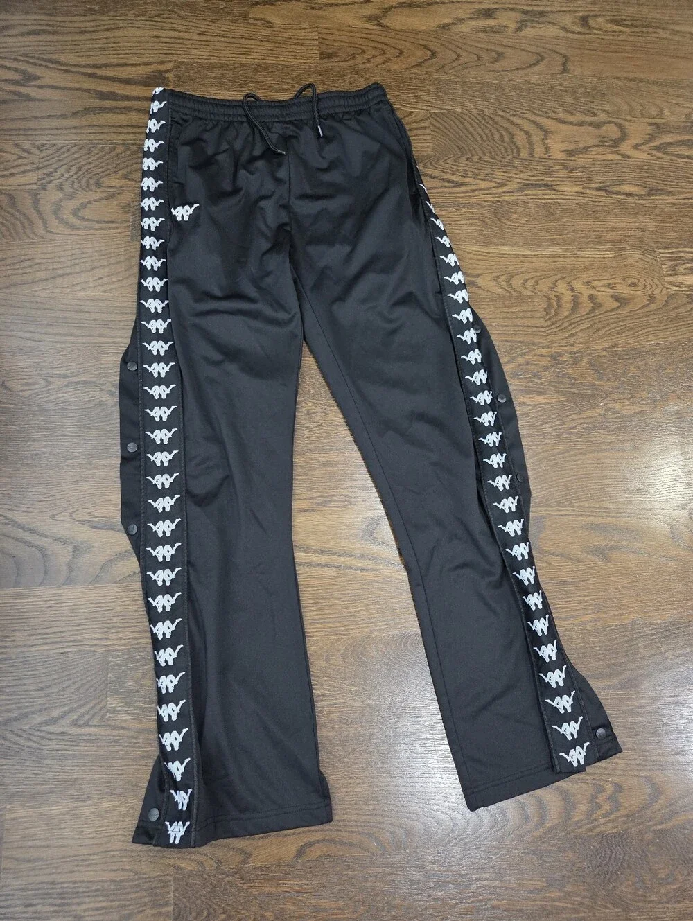 Kappa Black Snap-Button Track Pants with White Logo Tape Sz.Medium